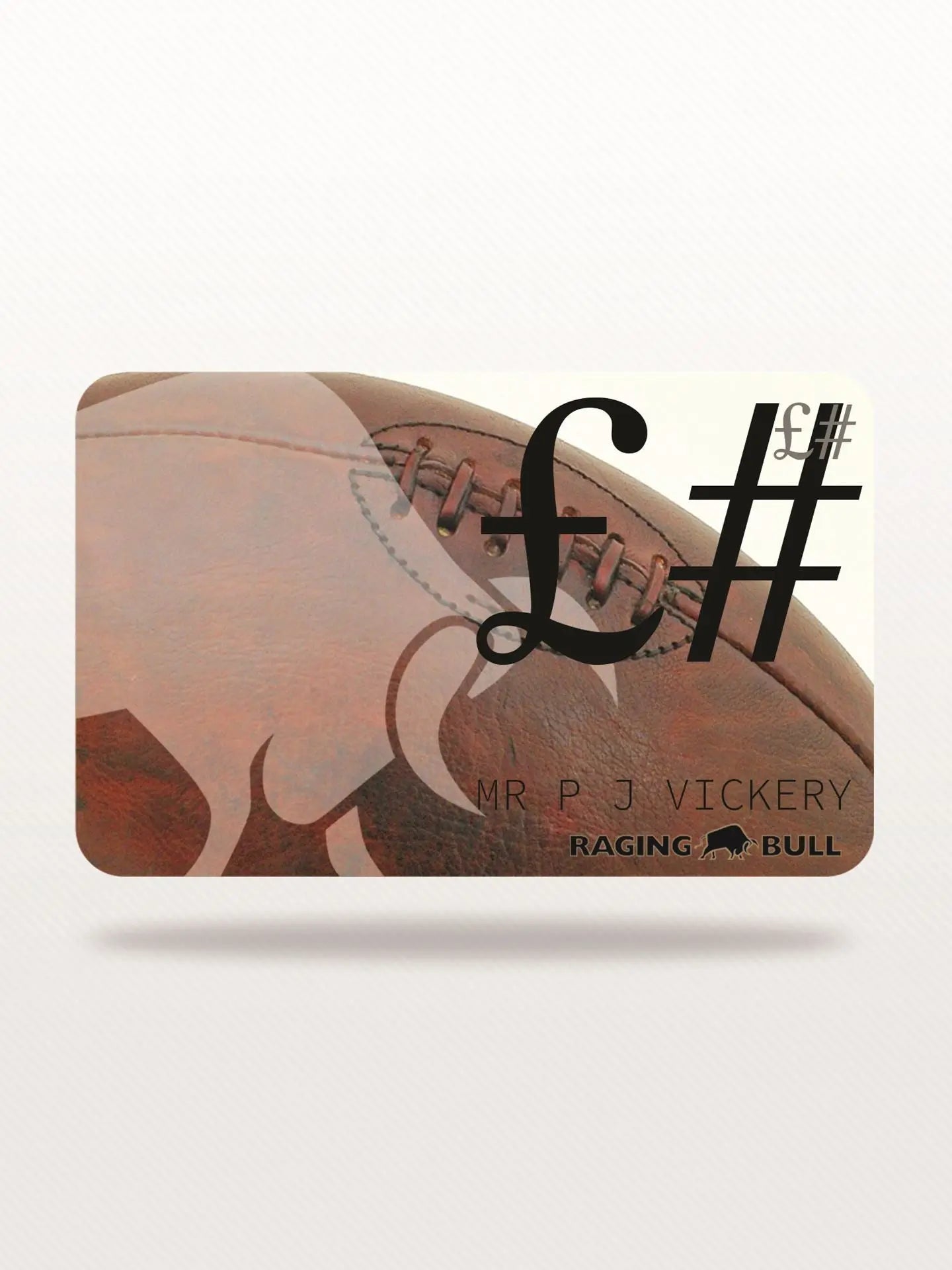 An e-gift card from Raging Bull with a rugby ball pattern and the brand's logo visible.