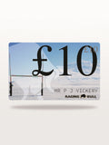 An electronic gift card from Raging Bull with a value of £10 displayed prominently in the center. The design includes some text and the branding of Raging Bull.