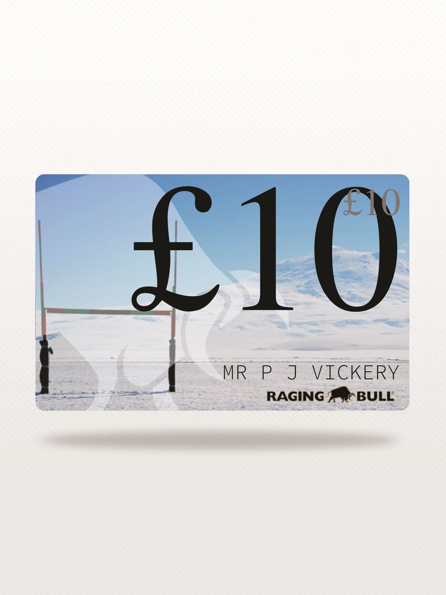 An electronic gift card from Raging Bull with a value of £10 displayed prominently in the center. The design includes some text and the branding of Raging Bull.