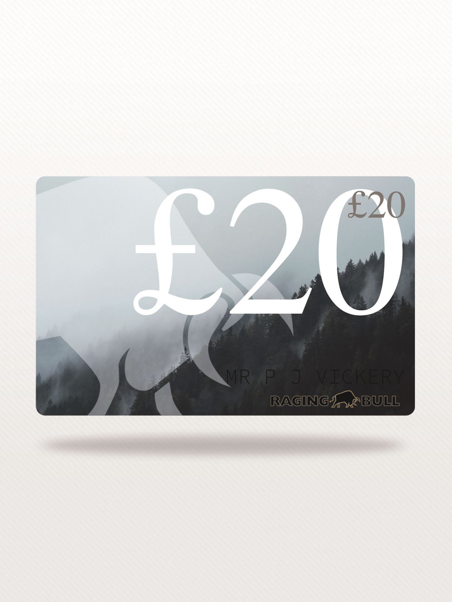 A visual representation of a £20 Raging Bull e-gift card, predominantly gray in color with brand logo and currency symbol.