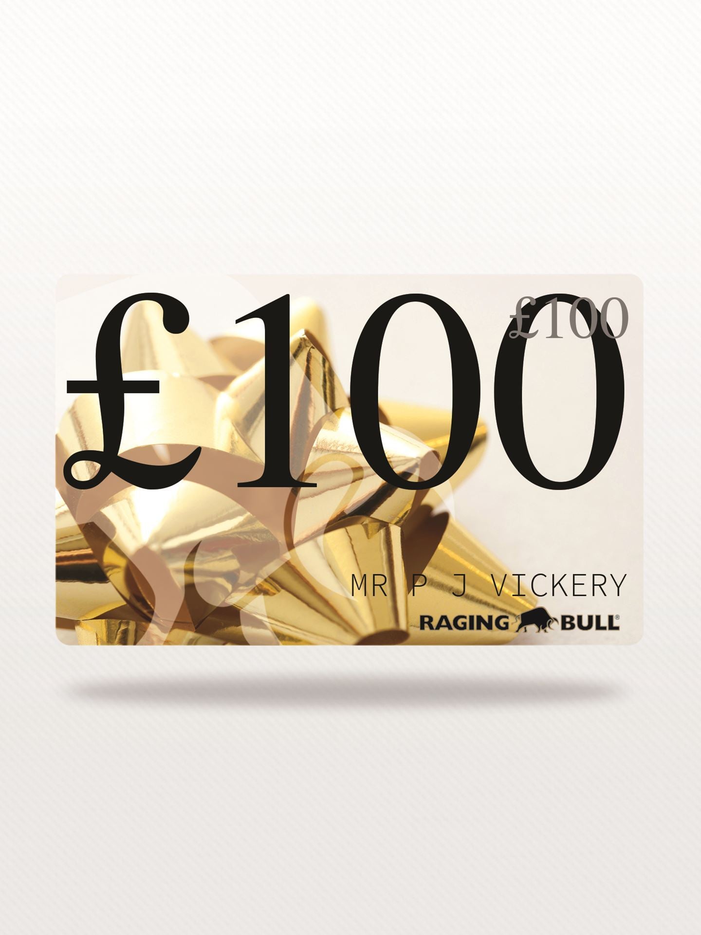 A visual representation of a Raging Bull e-gift card with the denomination £100 displayed prominently.
