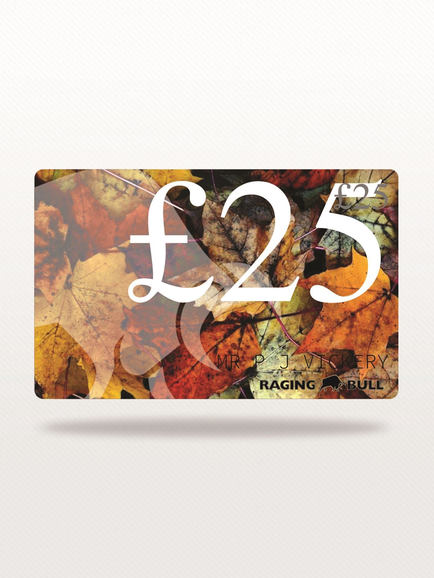 An electronic gift card from Raging Bull valued at £25, with a leafy background design.