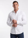 Man wearing Raging Bull Linen Look Long Sleeve Shirt in White, available in sizes S-6XL, front detail. 