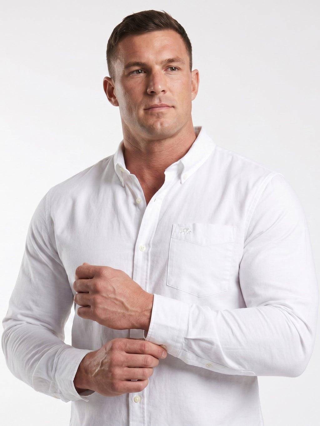 Man wearing Raging Bull Linen Look Long Sleeve Shirt in White, available in sizes S-6XL, front. 