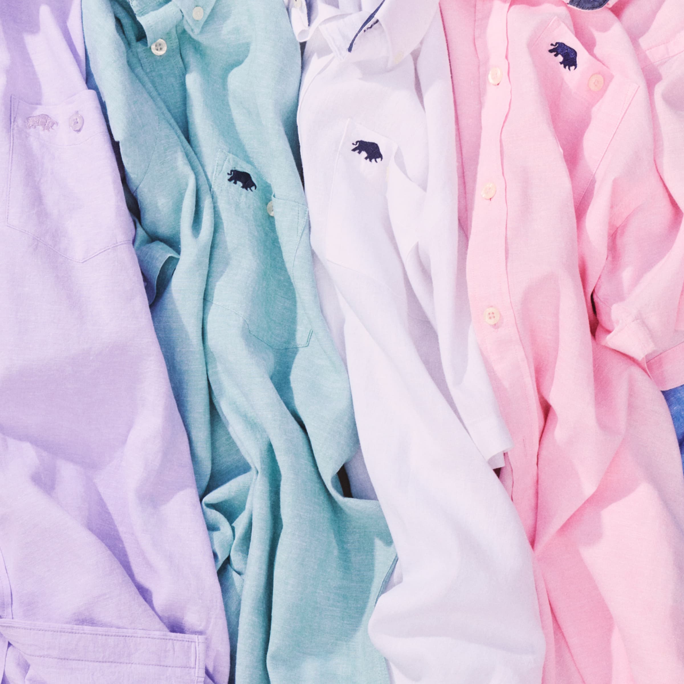 Raging Bull Classic Linen Shirt in lilac, apple green, white and pink. 