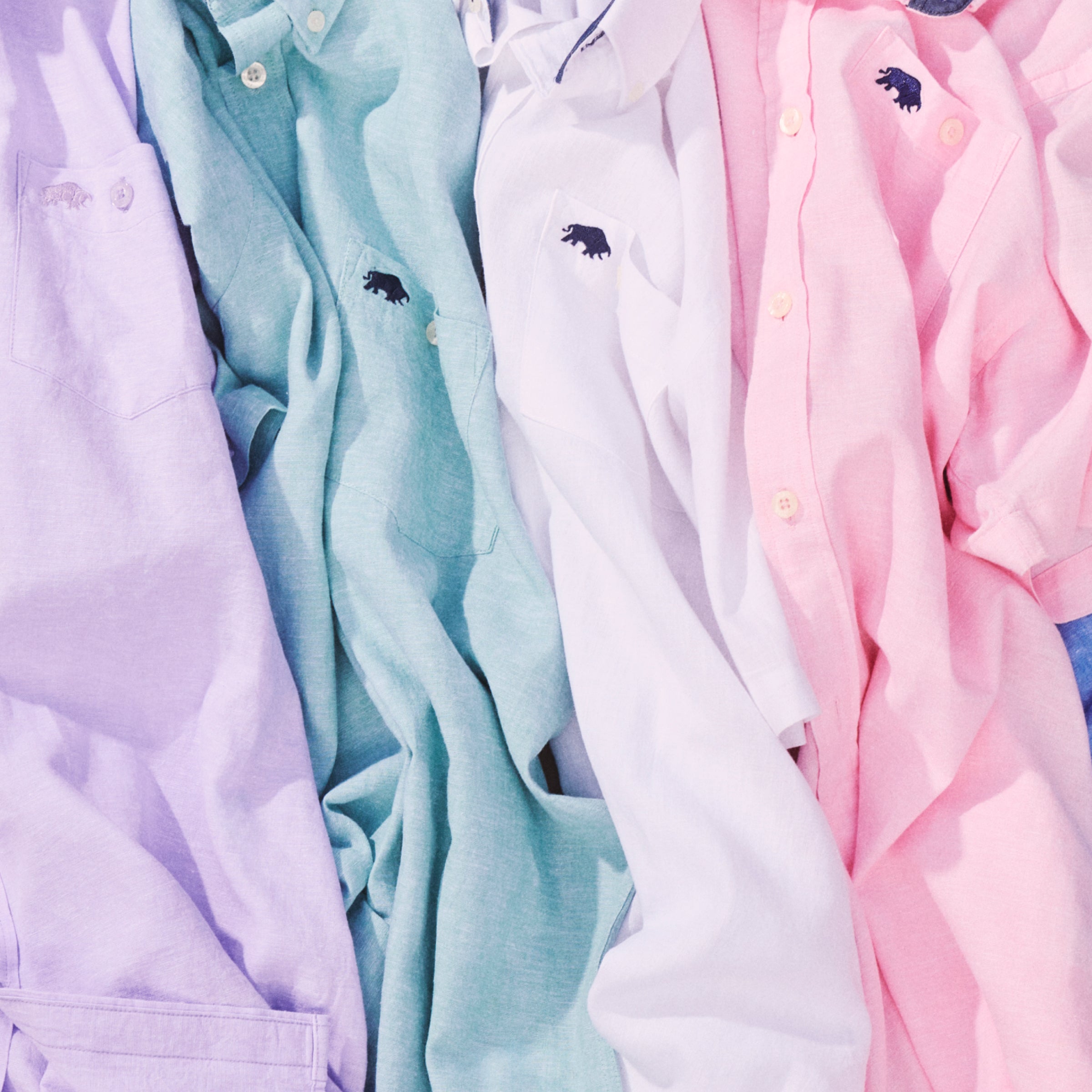Raging Bull Classic Linen Shirt in lilac, apple green, white and pink. 