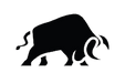 Black silhouette of a charging bull on a white background
