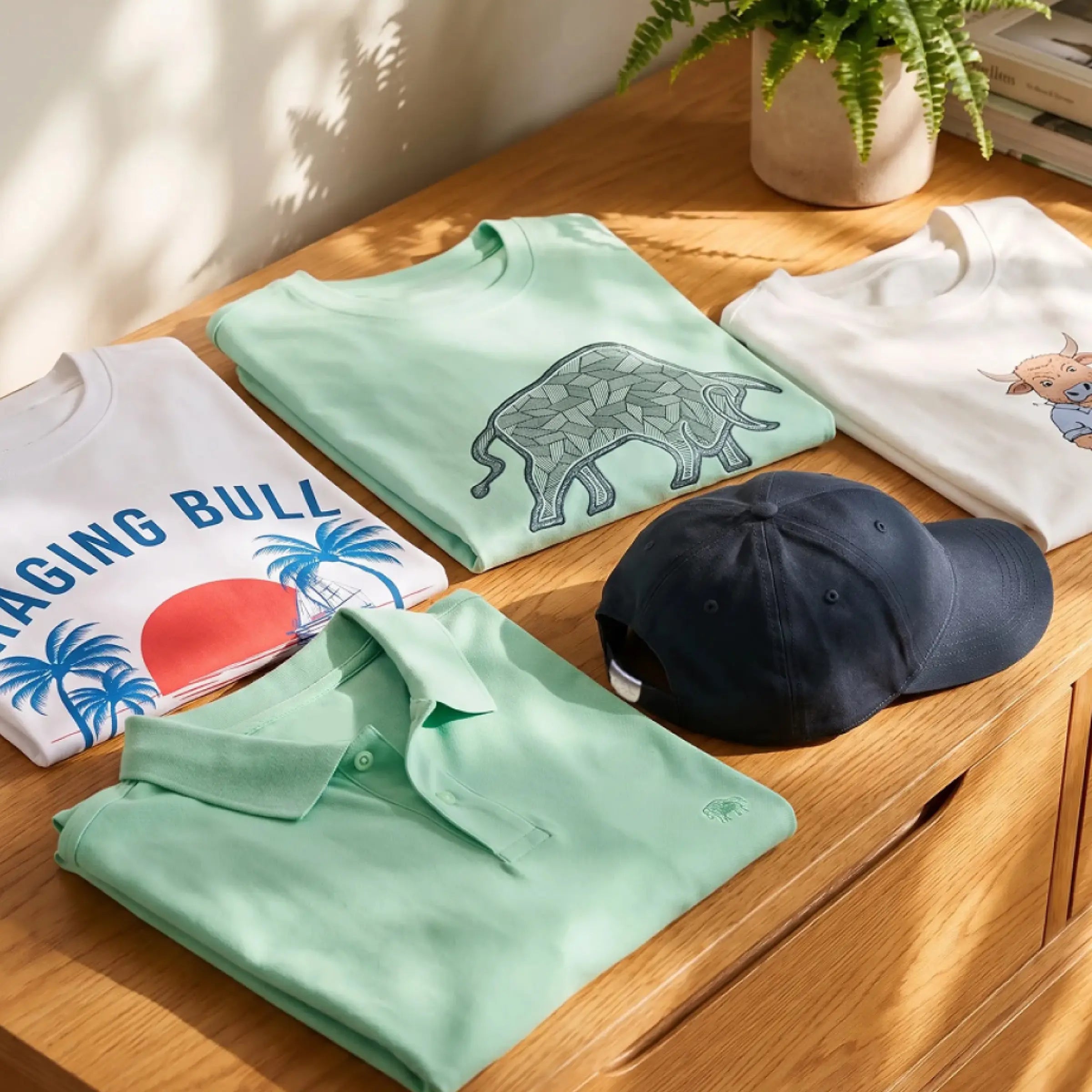 Folded Raging bull Bull t-shirts and a  black cap on a wooden surface with a plant in the background.