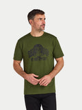 Man wearing a green t-shirt with a graphic design on a white background