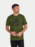 Man wearing a green t-shirt with a graphic design on a white background