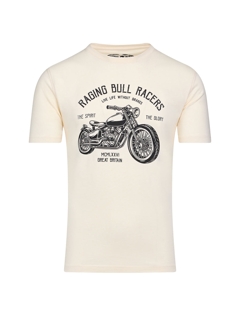 Men's cream-colored RB Racers T-shirt with a graphic print of a motorcycle and the text 'RACING BULL RACING' on the front.