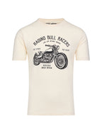 Men's cream-colored RB Racers T-shirt with a graphic print of a motorcycle and the text 'RACING BULL RACING' on the front.