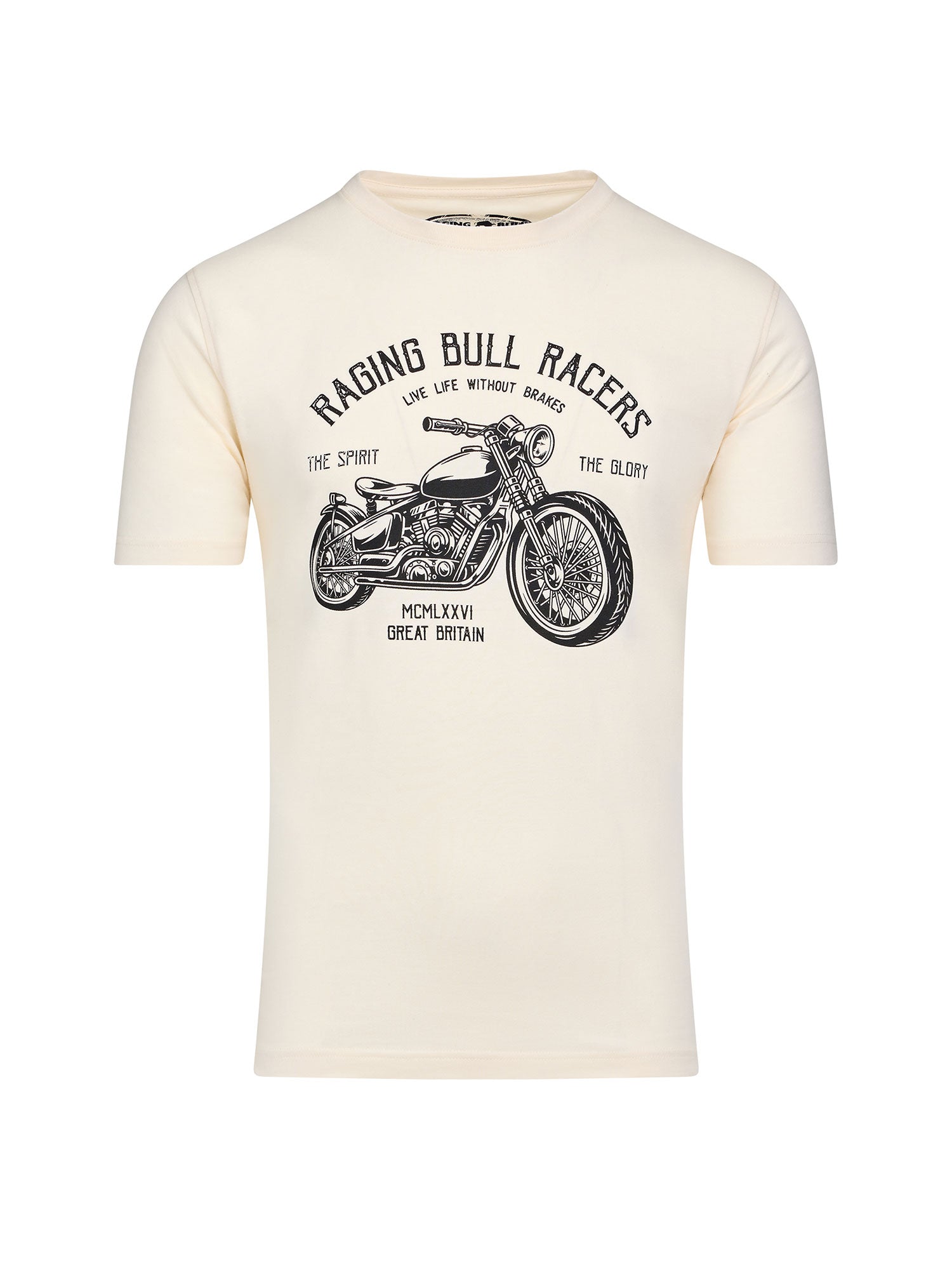 Men's cream-colored RB Racers T-shirt with a graphic print of a motorcycle and the text 'RACING BULL RACING' on the front.
