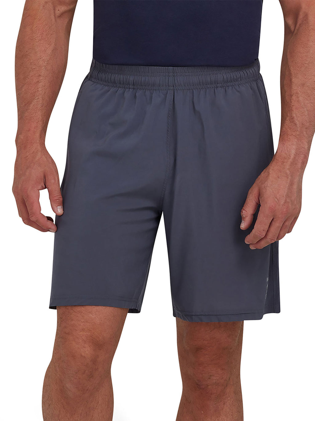 A pair of dark grey marl sports running shorts with an elastic waistband, displayed on a model.
