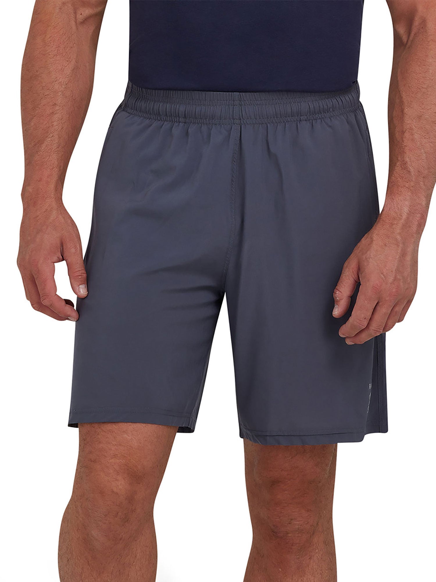 A pair of dark grey marl sports running shorts with an elastic waistband, displayed on a model.