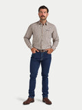 Man wearing a checkered shirt and blue jeans on a white background