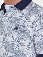 Close-up of a patterned shirt with blue and white design