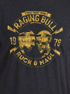 Black t-shirt with yellow 'Raging Bull' graphic design featuring two skulls and text.