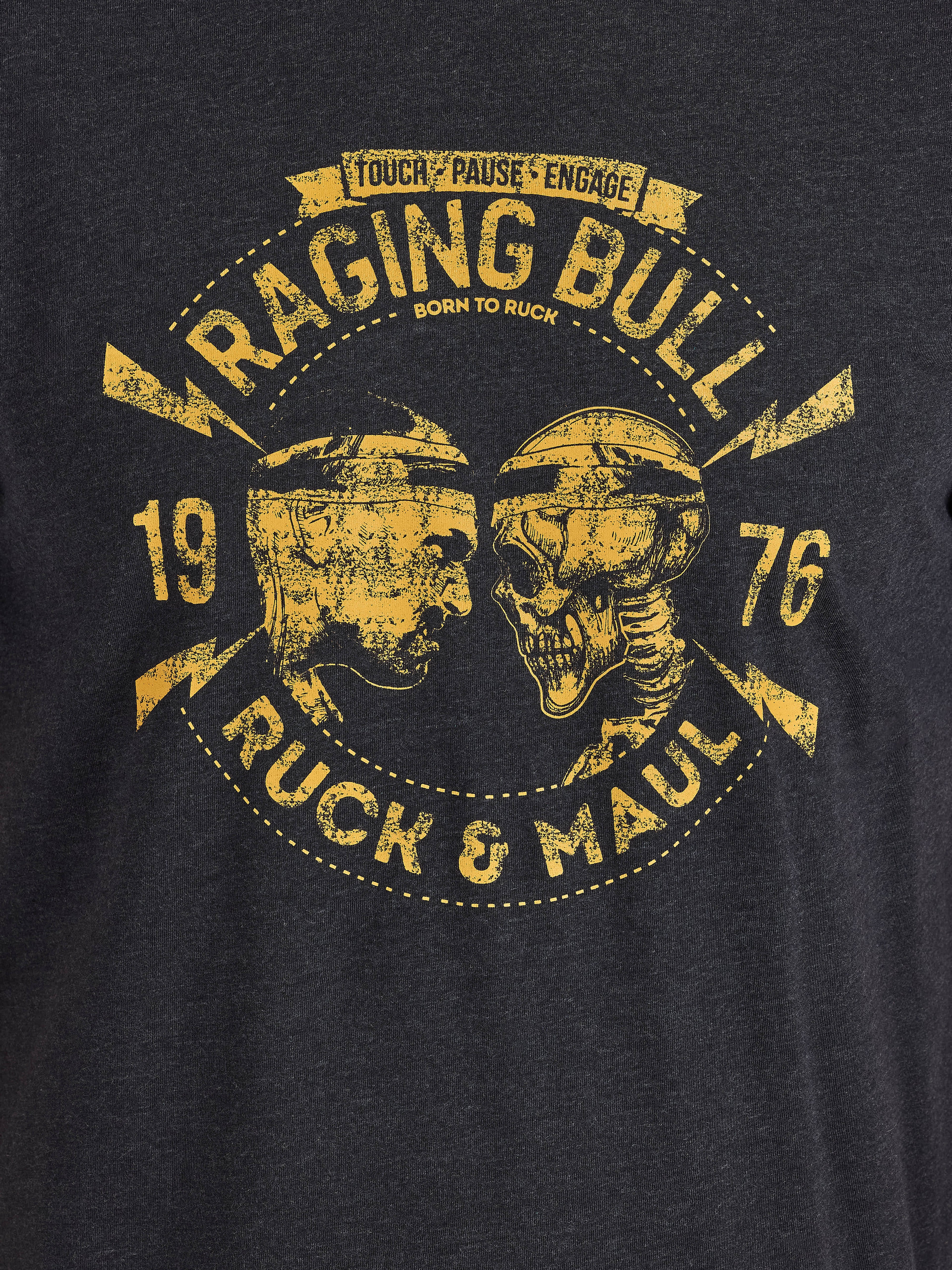 Black t-shirt with yellow 'Raging Bull' graphic design featuring two skulls and text.
