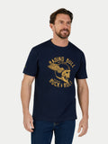 Man wearing a navy blue t-shirt with 'Raging Bull' logo and text on a white background