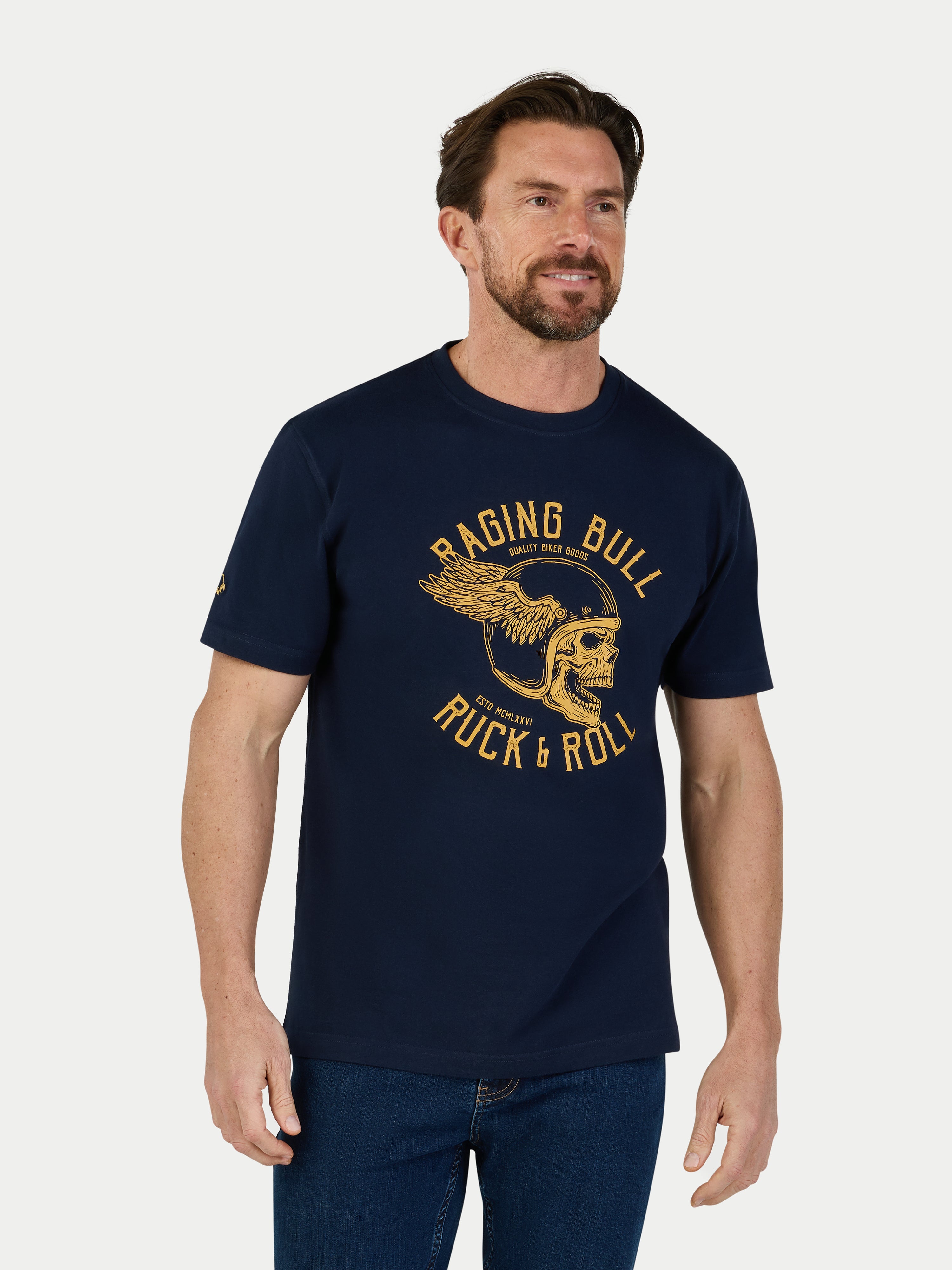 Man wearing a navy blue t-shirt with 'Raging Bull' logo and text on a white background
