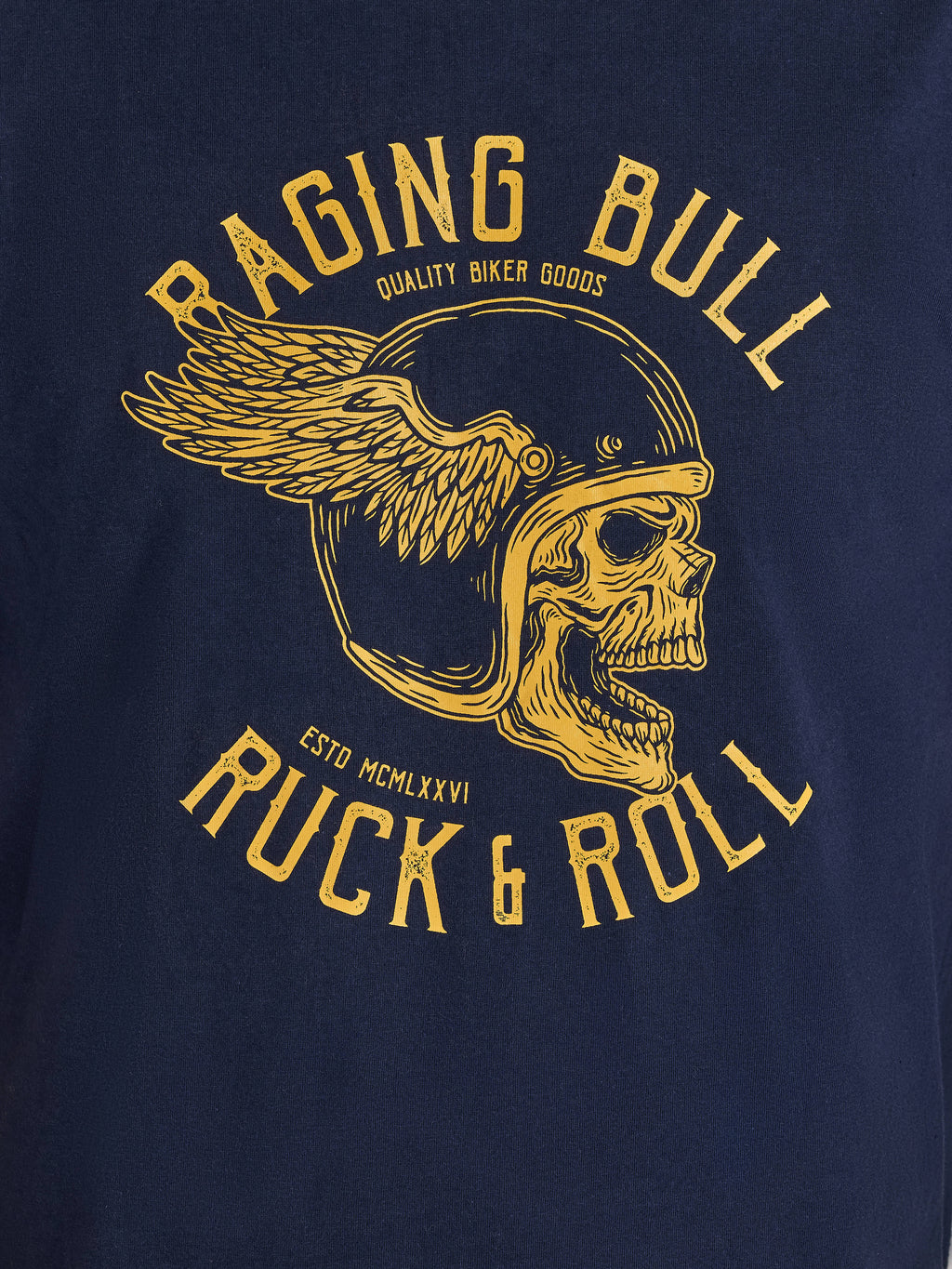 Navy blue t-shirt with yellow graphic of a skull wearing a helmet and text 'Raging Bull Rock & Roll'.