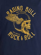 Navy blue t-shirt with yellow graphic of a skull wearing a helmet and text 'Raging Bull Rock & Roll'.