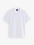 Man wearing Raging Bull Seersucker Revere Collar Short Sleeve Shirt in White, available in sizes S-6XL, flayflat front. 