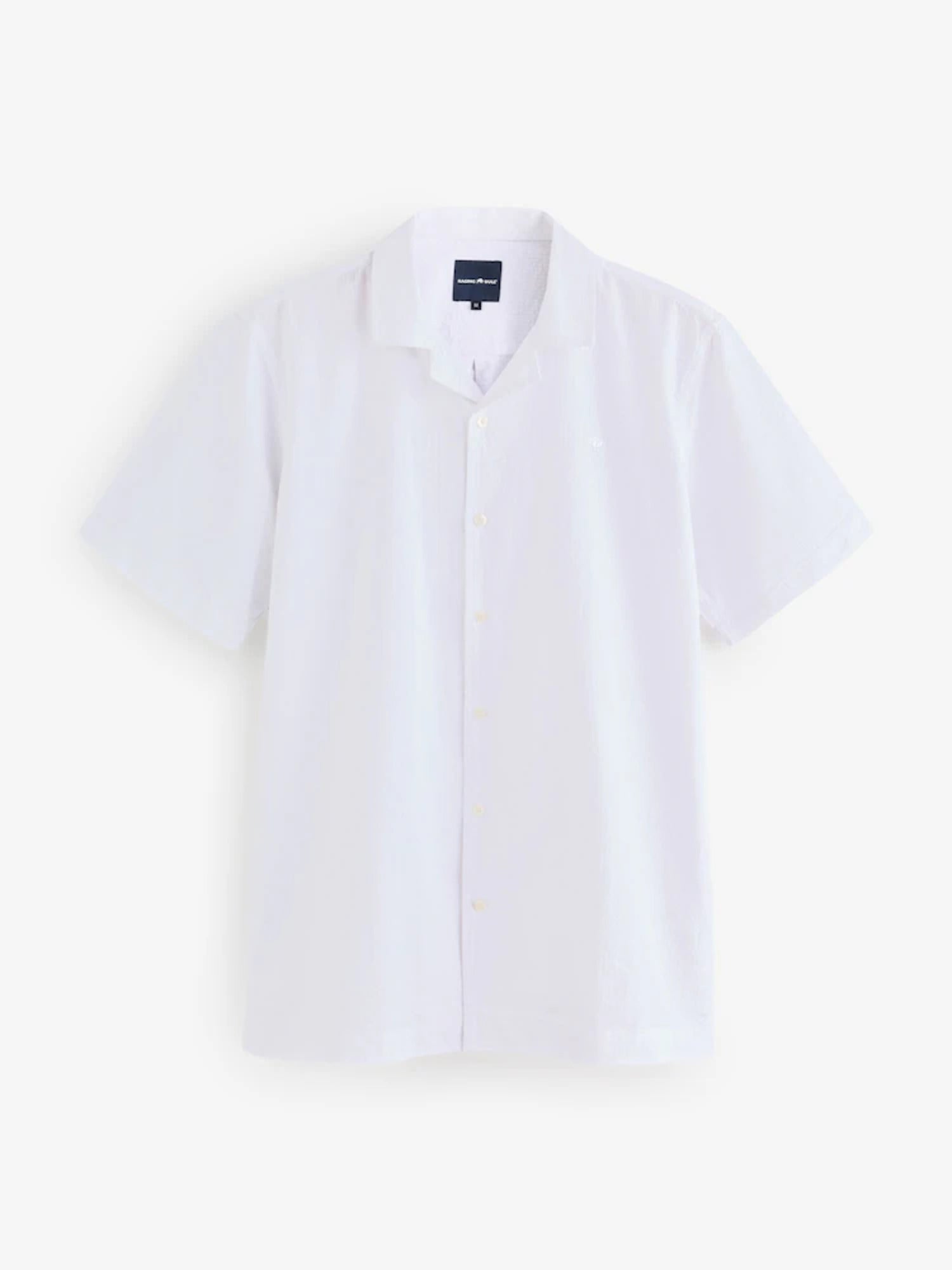 Man wearing Raging Bull Seersucker Revere Collar Short Sleeve Shirt in White, available in sizes S-6XL, flayflat front. 