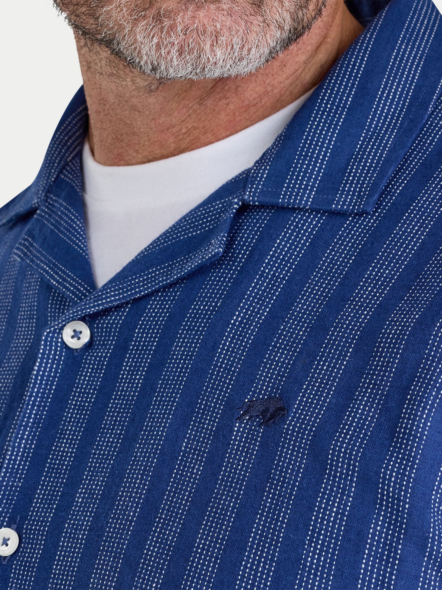 Man wearing Raging Bull Athens Stripe Linen Revere Short Sleeve Shirt in Navy,  collar detail, available in sizes S-6XL.