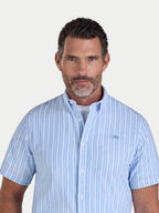 Man wearing Raging Bull Bournemouth Stripe Linen Short Sleeve Shirt in Sky Blue, available in sizes S-6XL.