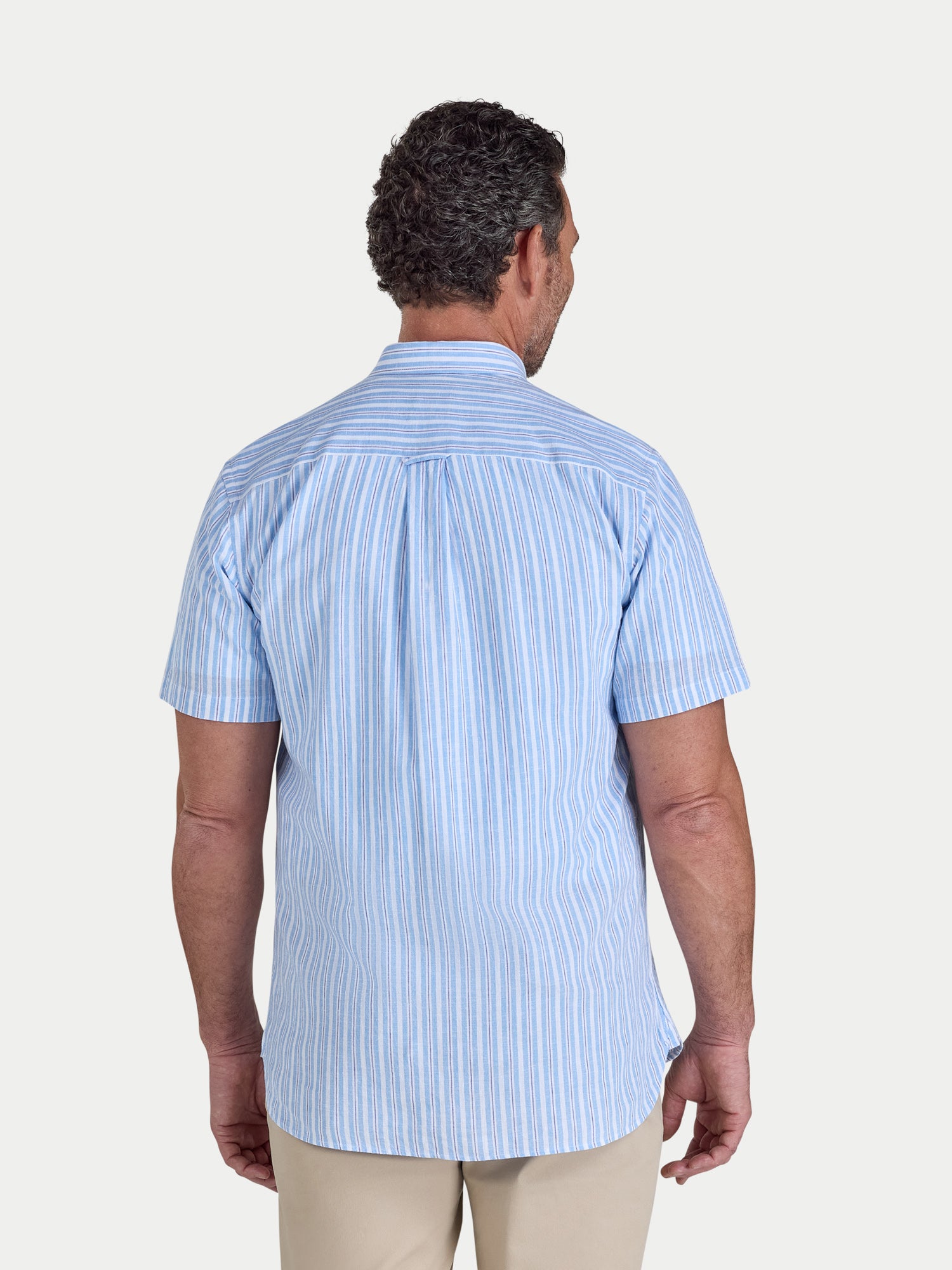 Man wearing Raging Bull Bournemouth Stripe Linen Short Sleeve Shirt in Sky Blue, back detail, available in sizes S-6XL.