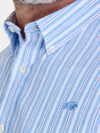 Man wearing Raging Bull Bournemouth Stripe Linen Short Sleeve Shirt in Sky Blue, collar and chest detail, available in sizes S-6XL.