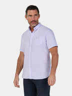 Man wearing Raging Bull Classic Linen Short Sleeve Shirt in Lilac, available in sizes S-6XL.