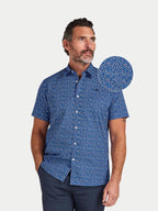 Man wearing Raging Bull Flower Bud Cotton Poplin Short Sleeve Shirt in Navy, available in sizes S-6XL, front detail. 