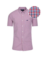 Man wearing Raging Bull Graph Check Poplin Short Sleeve Shirt in Red, available in sizes S-6XL.