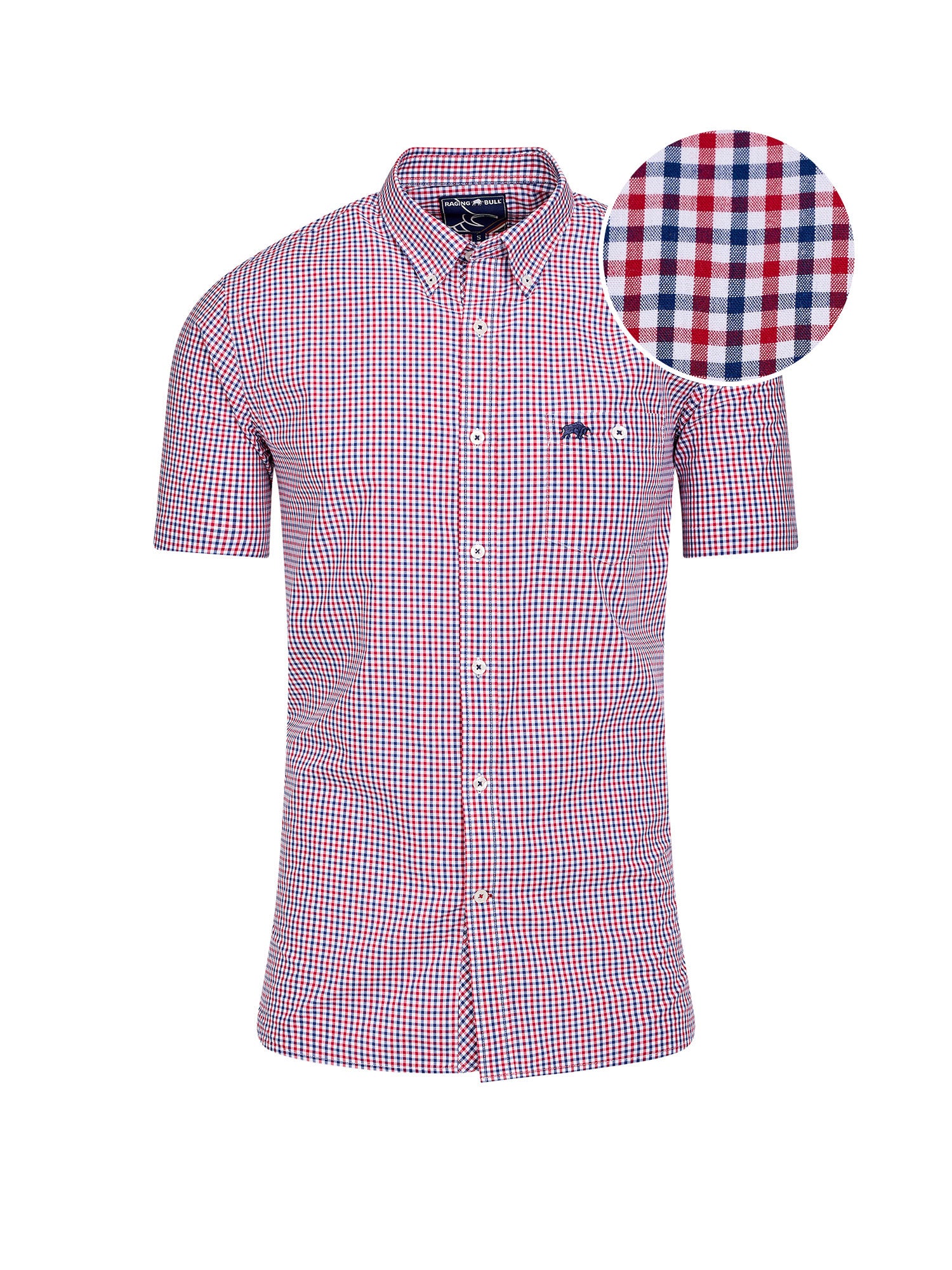 Man wearing Raging Bull Graph Check Poplin Short Sleeve Shirt in Red, available in sizes S-6XL.