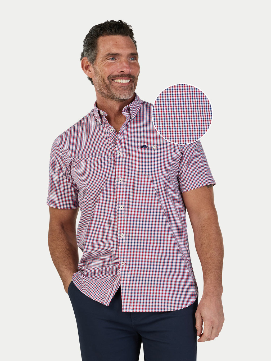 Man wearing Raging Bull Graph Check Poplin Short Sleeve Shirt in Red, available in sizes S-6XL, front detail.