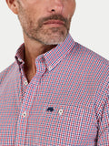 Man wearing Raging Bull Graph Check Poplin Short Sleeve Shirt in Red, available in sizes S-6XL.