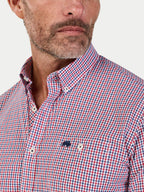 Man wearing Raging Bull Graph Check Poplin Short Sleeve Shirt in Red, available in sizes S-6XL.