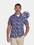 Man wearing Raging Bull Hawaii Floral Poplin Short Sleeve Shirt in Navy, available in sizes S-6XL, front detail. 