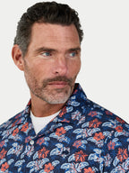 Man wearing Raging Bull Hawaii Floral Poplin Short Sleeve Shirt in Navy, collar detail, available in sizes S-6XL