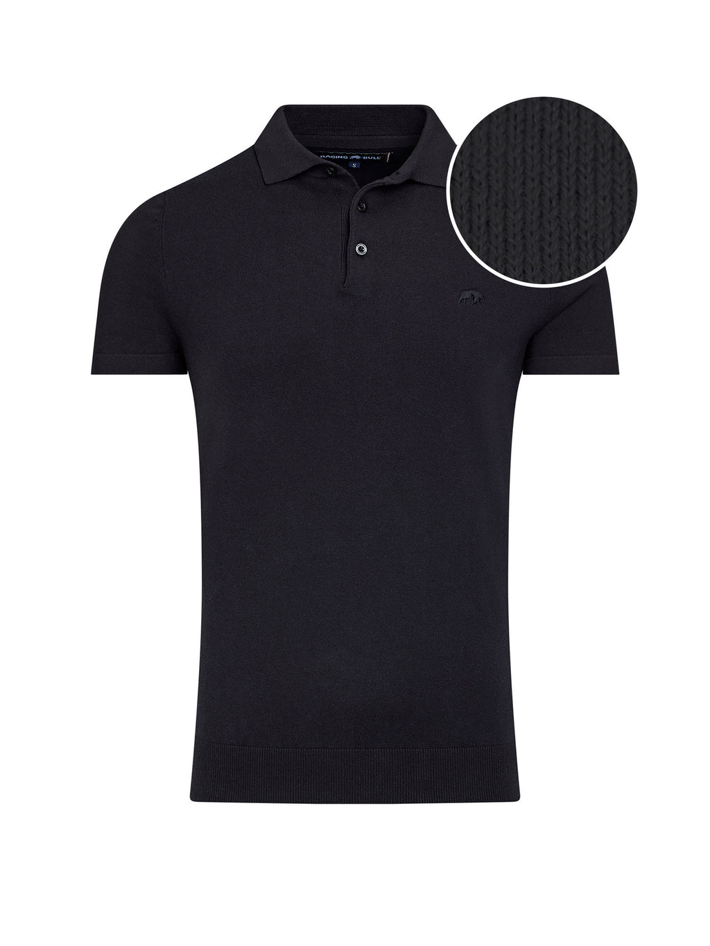 A black short sleeve knitted polo shirt with a button-up collar and a small logo on the chest.