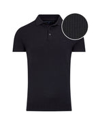 A black short sleeve knitted polo shirt with a button-up collar and a small logo on the chest.