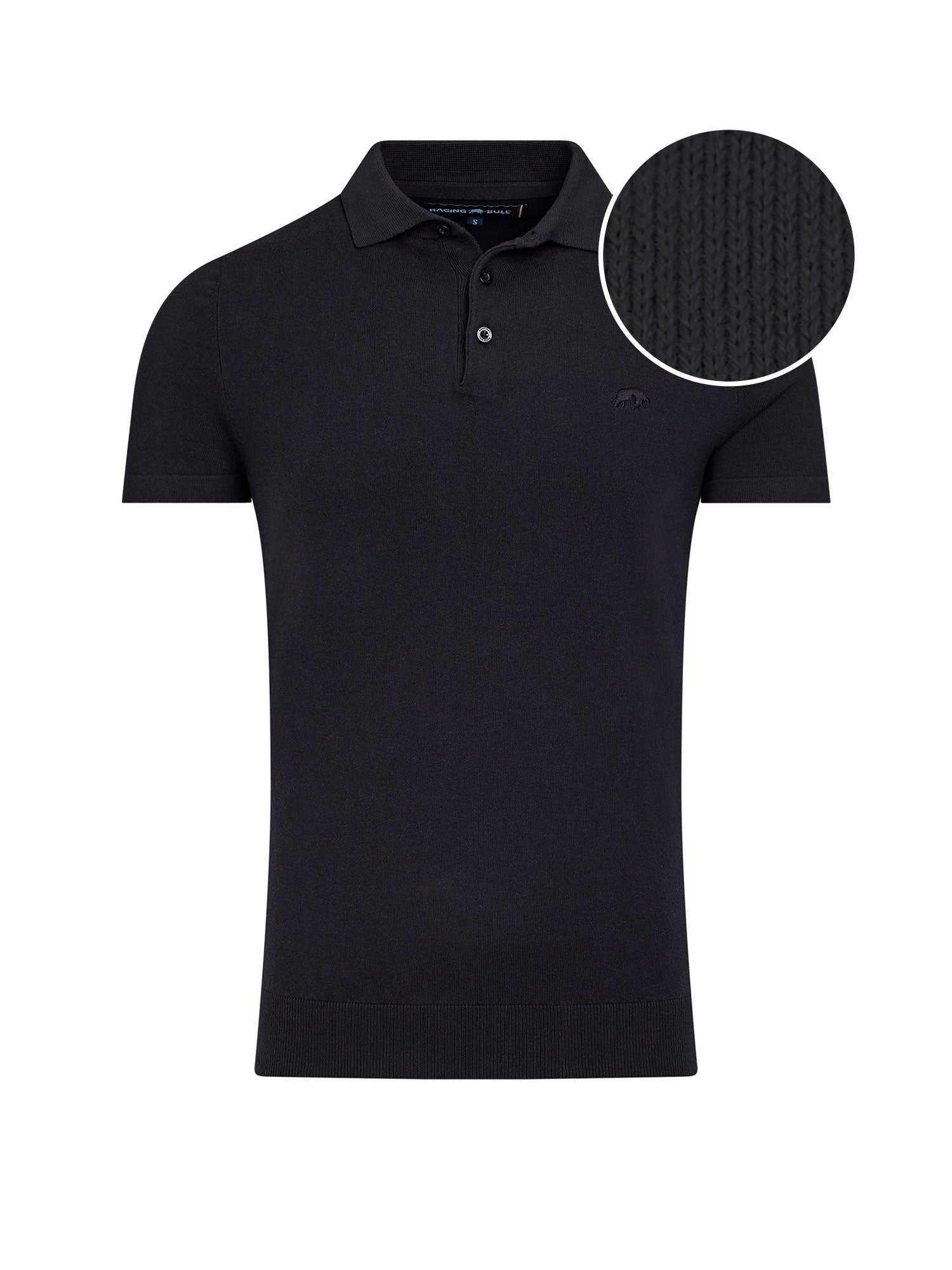 A black short sleeve knitted polo shirt with a button-up collar and a small logo on the chest.