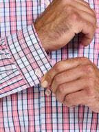 Man wearing Raging Bull Large Check Cotton Poplin Short Sleeve Shirt in Pink, cuff detail, available in sizes S-6XL.
