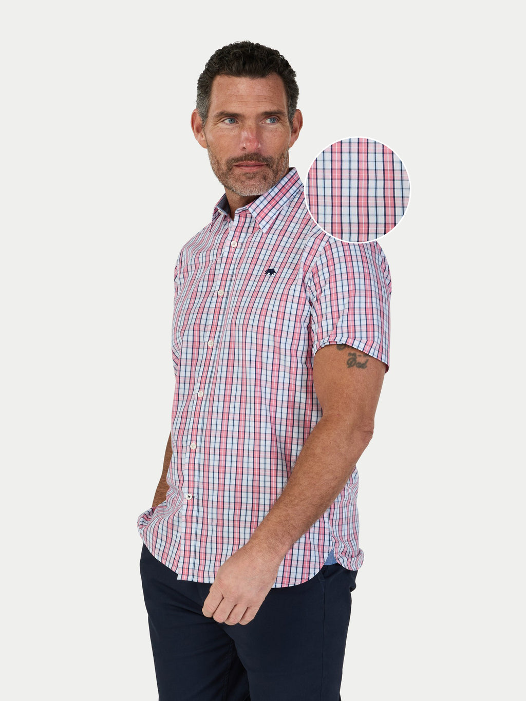Man wearing Raging Bull Large Check Cotton Poplin Short Sleeve Shirt in Pink, available in sizes S-6XL, front detail. 