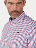 Man wearing Raging Bull Large Check Cotton Poplin Short Sleeve Shirt in Pink, chest and collar detail, available in sizes S-6XL.