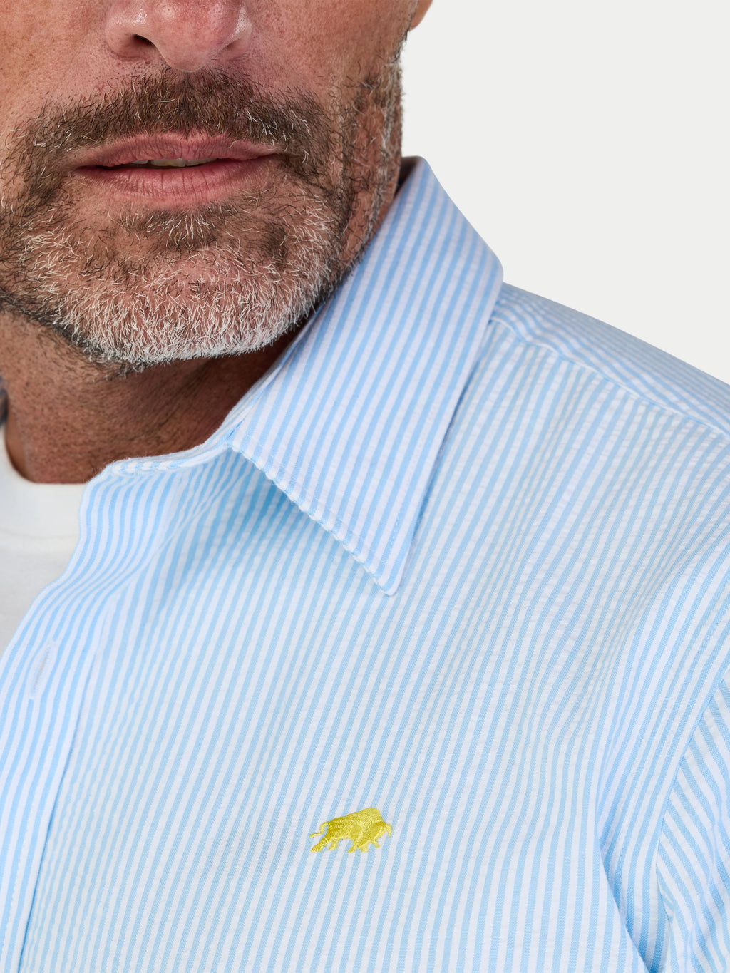 Man wearing Raging Bull Orleans Seersucker Stripe Short Sleeve Shirt in Sky Blue, collar detail, available in sizes S-6XL.