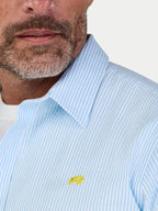 Man wearing Raging Bull Orleans Seersucker Stripe Short Sleeve Shirt in Sky Blue, collar detail, available in sizes S-6XL.